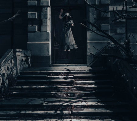 Ghost women floating in the air on abandoned house stairs.の写真素材