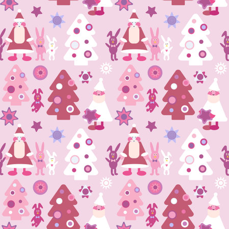 New Year seamless pattern in red colours. Christmas tree, Santa Claus, rabbit and stars.のイラスト素材