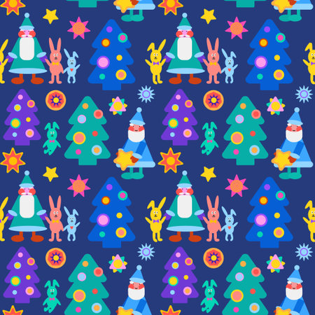Colourful New Year pattern with Christmas tree, Santa claus, rabbit and stars.のイラスト素材