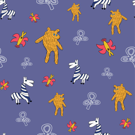 Childish style animals seamless pattern. Bear, zebra and bird.のイラスト素材
