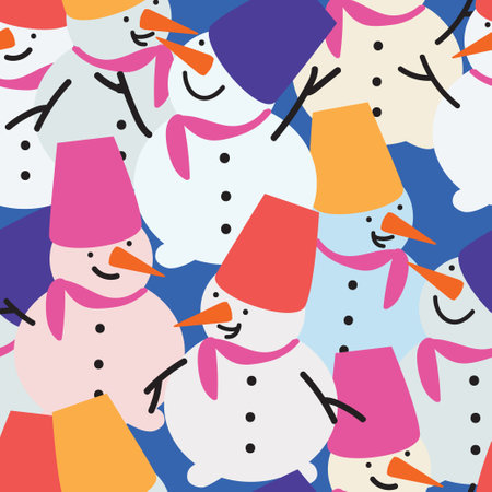 Large scale snowmen seamless pattern. Colourful Christmas background.のイラスト素材