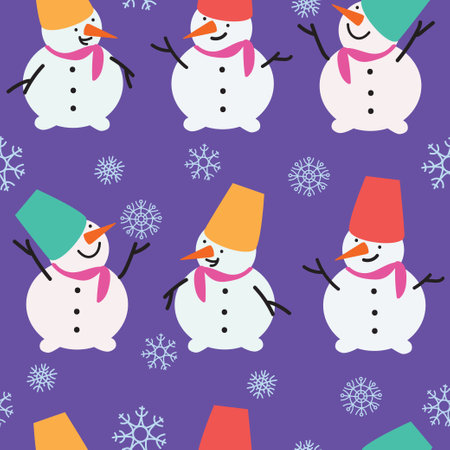 Snowmen in a row and snowflakes on purple background. Cute Christmas seamless pattern.のイラスト素材