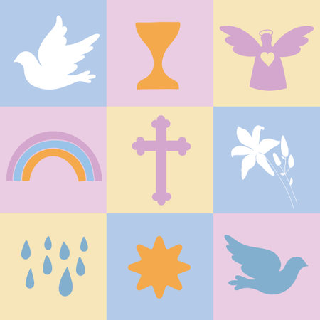 Checkered blue background with Christian symbols. Seamless pattern.のイラスト素材