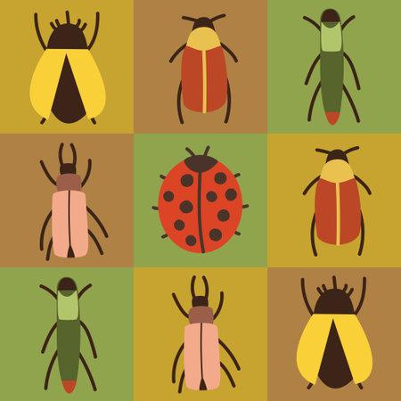 Checkered seamless pattern with bright colourful beetles.のイラスト素材