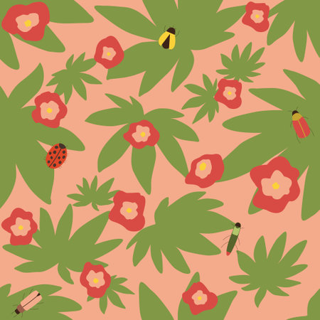 Bright red flowers seamless pattern, Flowers and beetles on green background.