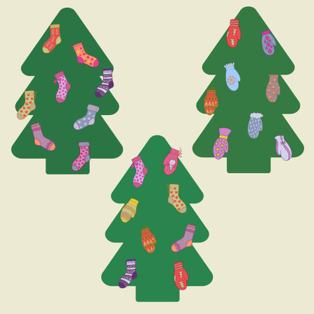 Christmas tree decorated with colourful socks and mittens.のイラスト素材