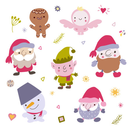 Collection of Christmas and New year characters. Santa Caus, snowman, elf, angel, gingerbread man.のイラスト素材