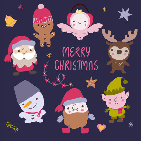 Collection of Christmas and New year characters. Santa Caus, deer, snowman, elf, angel, gingerbread man.のイラスト素材