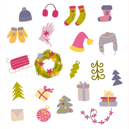Collection of hand drawn winter and Christmas items in trendy doodle style.のイラスト素材