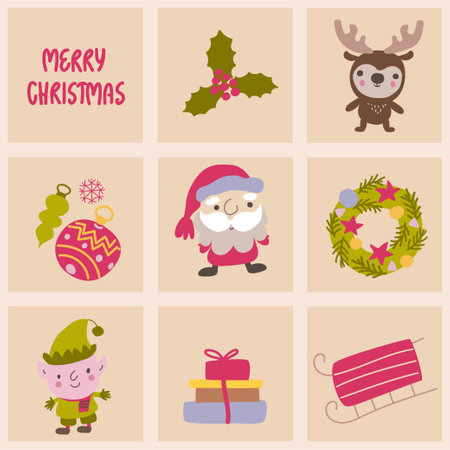Set of square cards with hand drawn lettering and cute Christmas themed elements.のイラスト素材