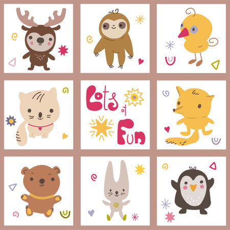 Collection of square cards with cute animals and hand drawn lettering Lots of fun.のイラスト素材