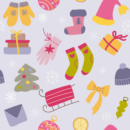 Winter symbols hand drawn colourful seamless pattern.のイラスト素材