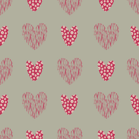 Hand drawn heart shape seamless pattern. Valentine red and khaki background.