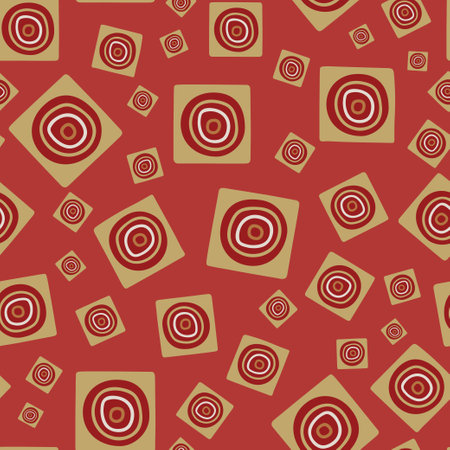 Hand drawn Tribal style gold square and circle shape elements seamless pattern on red background.のイラスト素材