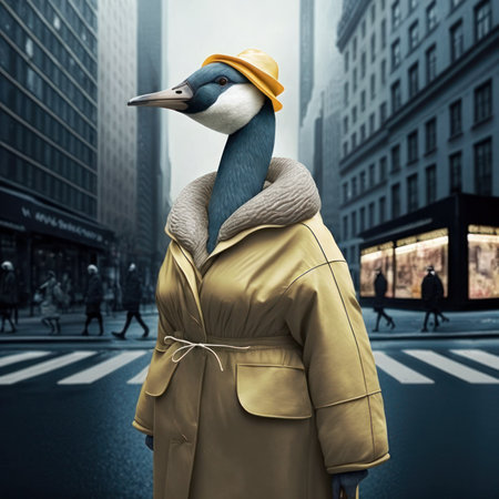 Dressed up goose on the city street. Created using generative Al toolsの素材