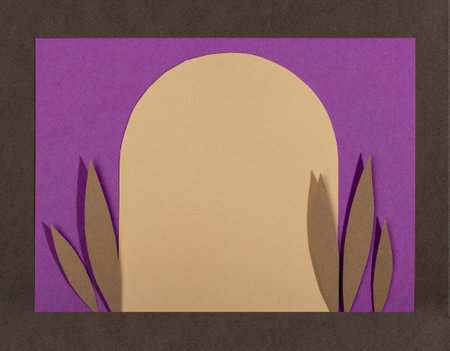 Lent background. Minimalist paper composition. Purple background with simple Lent colours elements.の写真素材