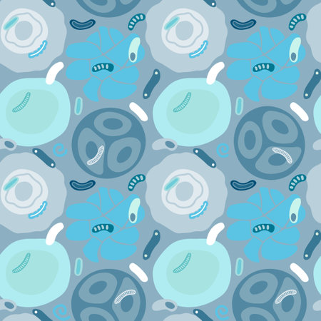Seamless pattern of blue molecules, cells of virus, bacteria.のイラスト素材
