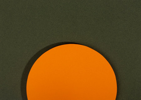 Abstract geometric paper background. Orange circle with shadow on dark green background.の写真素材