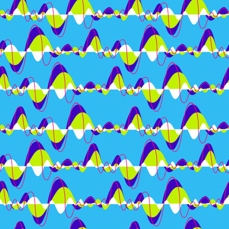 Blue, purple and green neon colours geometric waves. Repeated patternのイラスト素材