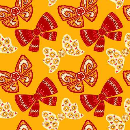 Red and yellow ornate Bow seamless pattern. Hand drawn flat design.のイラスト素材