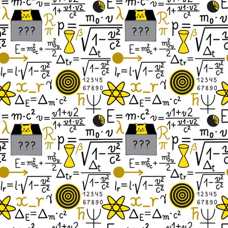 Seamless pattern with physics formula, symbols and Schrodingers cat.のイラスト素材