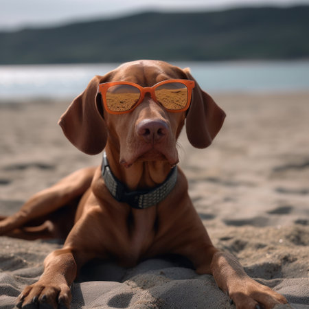 Hungarian Vizsla Dog with sunglasses is lying on the beach sand. Created using generative Al tools. Summer vacation theme.の素材