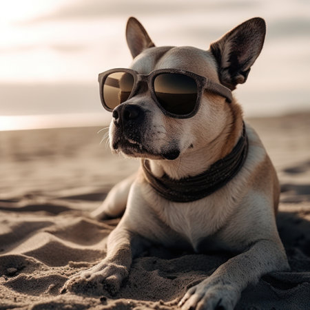 Dog with sunglasses is lying on the beach sand. Created using generative Al tools. Summer vacation theme.の素材