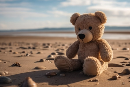 Teddy bear on the beach sand. Created using generative Al tools. Summer vacation theme.の素材