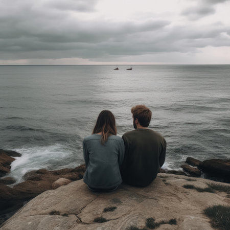 Couple travelers are sitting on sea coast. Created using generative Al tools. Summer vacation themeの素材