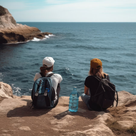 Two travelers are sitting on sea coast. Created using generative Al tools. Summer vacation themeの素材
