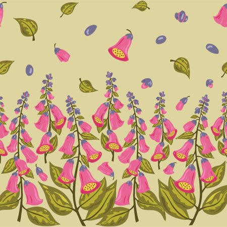 Pink foxglove flowers horizontal align, striped repeated pattern. Colourful seamless background.のイラスト素材