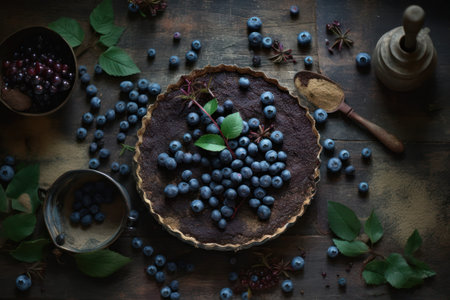 Cake with wild blueberries. Created using generative Al tools. Summer baked goods. Top view.の素材