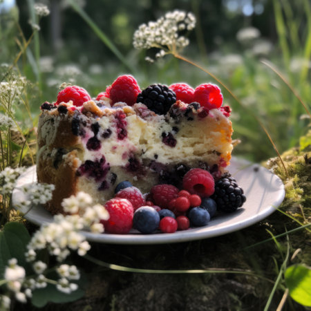 Piece of Wild berry Cake. Created using generative Al tools. Summer baked goods.の素材