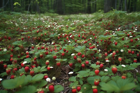 Wild strawberries field. Created using generative Al tools. Summer background.の素材