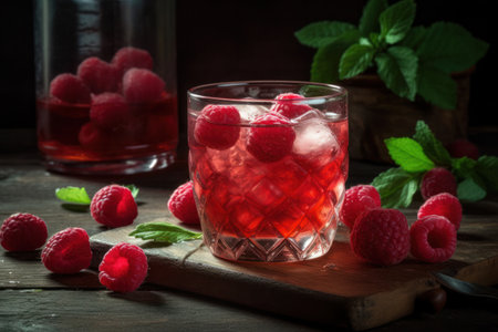 Raspberry lemonade. Created using generative Al tools. Glass of summer refreshing drink.の素材
