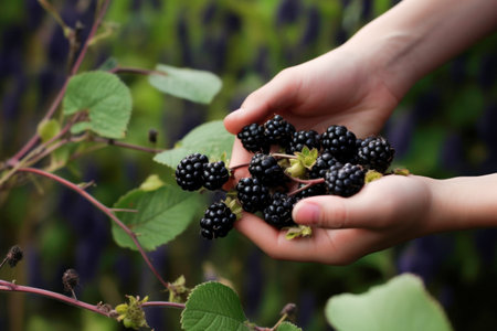Hands holding wild blackberries. Created using generative Al tools. Berry picking in the forest.の素材