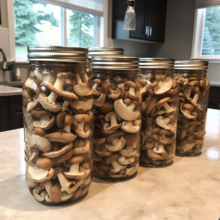 Sliced Mushrooms in Glass Jar. Sauteed canned Mushrooms. AI generated picture. Autumn season goodies.の素材