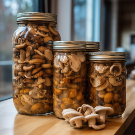Sliced Mushrooms in Glass Jar. Sauteed canned Mushrooms. AI generated picture. Autumn season goodies.の素材