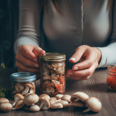 Woman's hands hold a jar with mushrooms. AI generated image. Fresh mushroom preservation.の素材