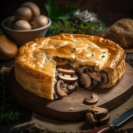 Mushroom pie close up on kitchen table. AI generated image. Pie with mushroom filling.の素材