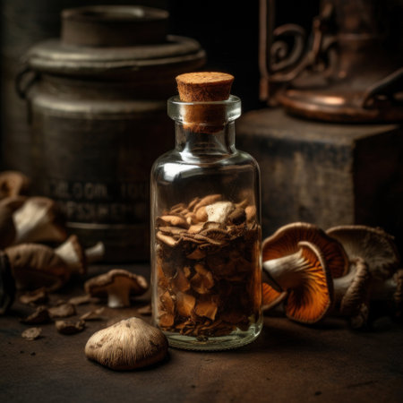 Mushroom bitters, in glass jar close up. Created using generative Al tools. Folk medicine.の素材