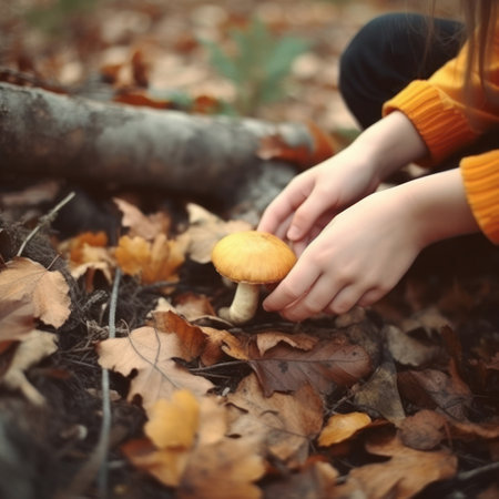 A woman's hand holds a mushroom. Close up. AI generated image. Mushroom picking season.の素材