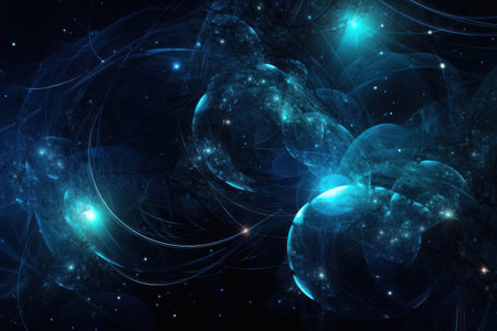 An abstract background with blue hues resembling cosmic space, featuring circles and lights. AI generated illustration. Science or fiction theme.の素材