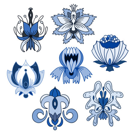 Exotic stylised hand drawn flowers set. Isolated on white background.のイラスト素材