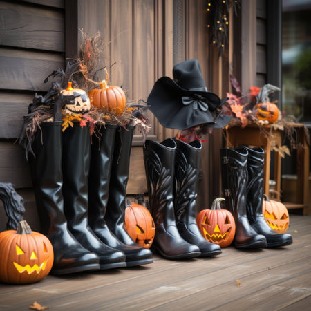 Halloween boots left next to wooden door. AI generated picture. Festive preparation for Halloween.の素材