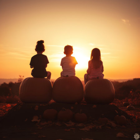Silhouette of children sitting on giant pumpkins and looking at sunset. AI generated picture. Thanksgiving theme.の素材