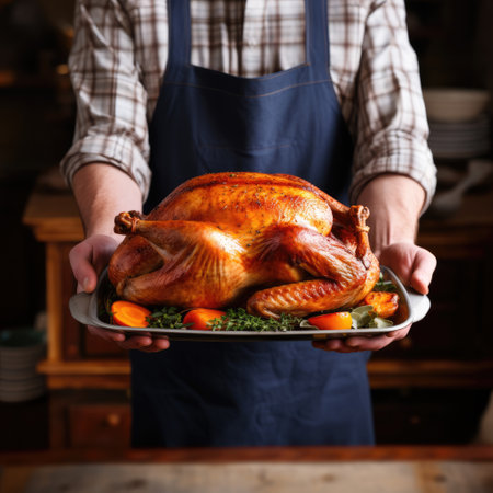 Manâs hands holding roasted turkey, close up. AI generated picture. Thanksgiving theme.の素材