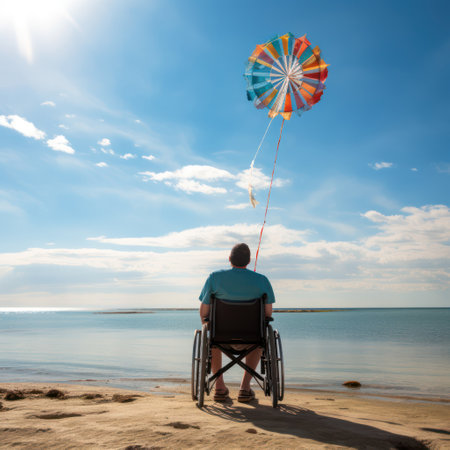 A man sits in a disability wheel chair watching the ocean with a kite in hand. AI generated picture. International Day of Persons with Disabilities concept.の素材