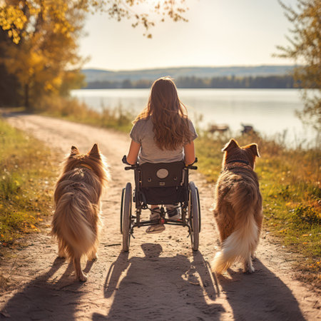 Woman in wheelchair walks with two dogs along the path by the lake. AI generated picture. International Day of Persons with Disabilities concept.の素材