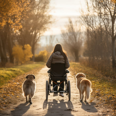 A woman in a wheelchair with two dogs in a autumn park. AI generated picture. International Day of Persons with Disabilities concept.の素材